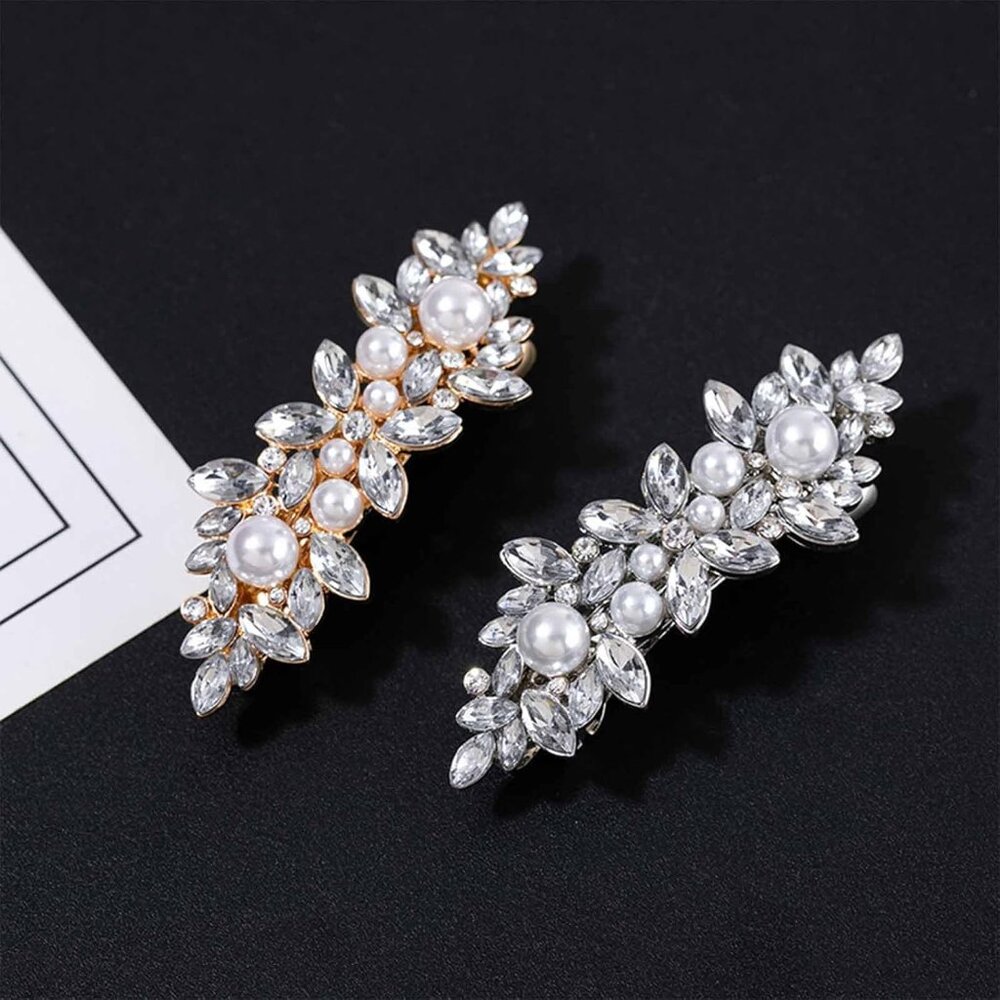Rhinestone Pearl and Crystal Hair Barrette, Vintage Silver Bridal Hair Accessory - Picture 4 of 7